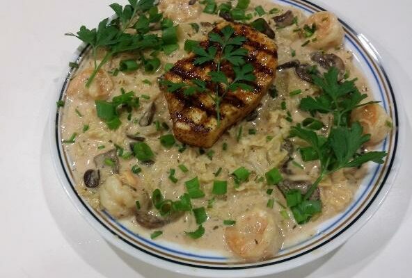 Grilled Swordfish with Braised Cabbage & Shrimp - The Fisherman's Kitchen