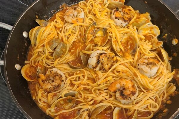 Linguini With Clams & Grilled Shrimp - The Fisherman's Kitchen